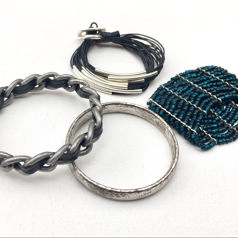 4 Bracelet Bundle Teal Silver Chain Black Leather
